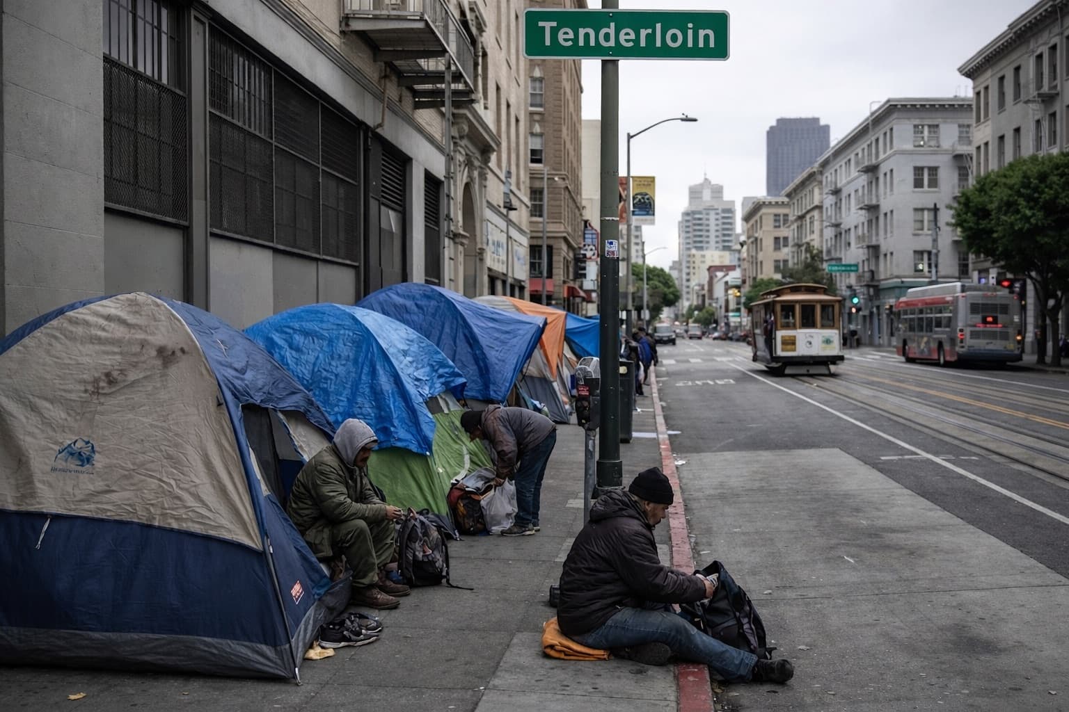 A San Francisco street with tents along the sidewalk