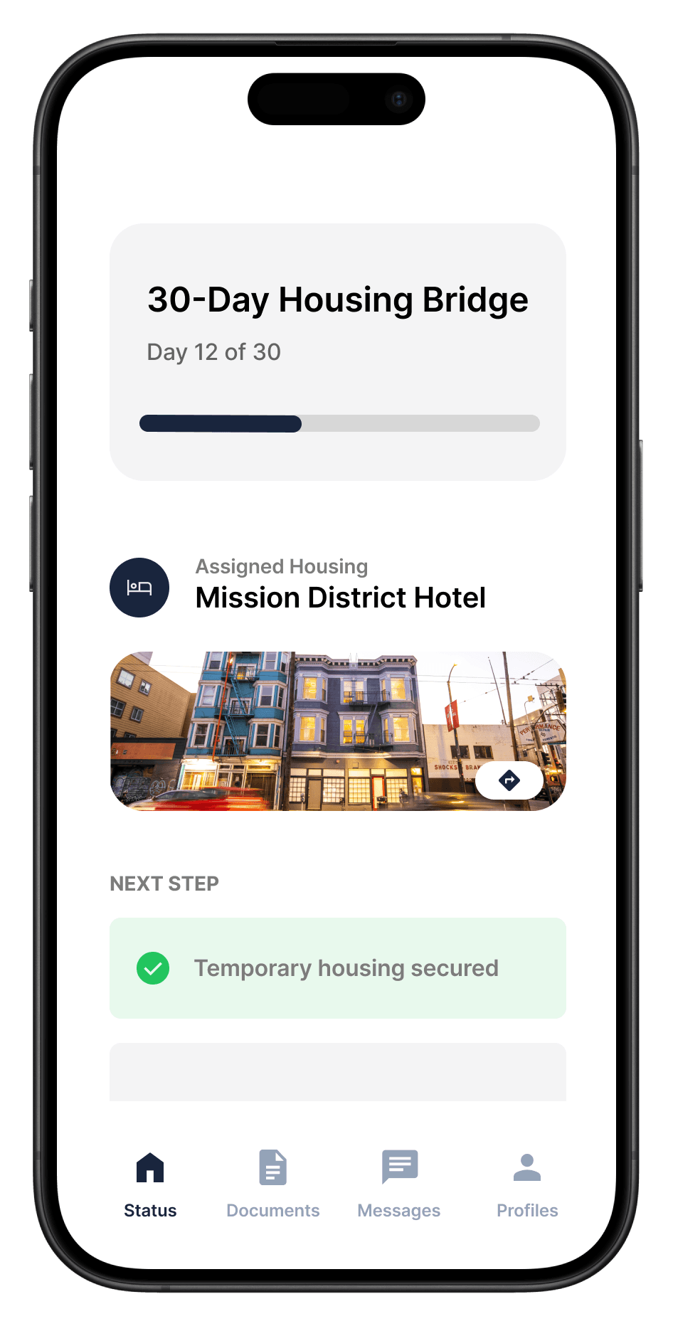 Temporary housing is explicitly time bound and visually framed as a transitional state.