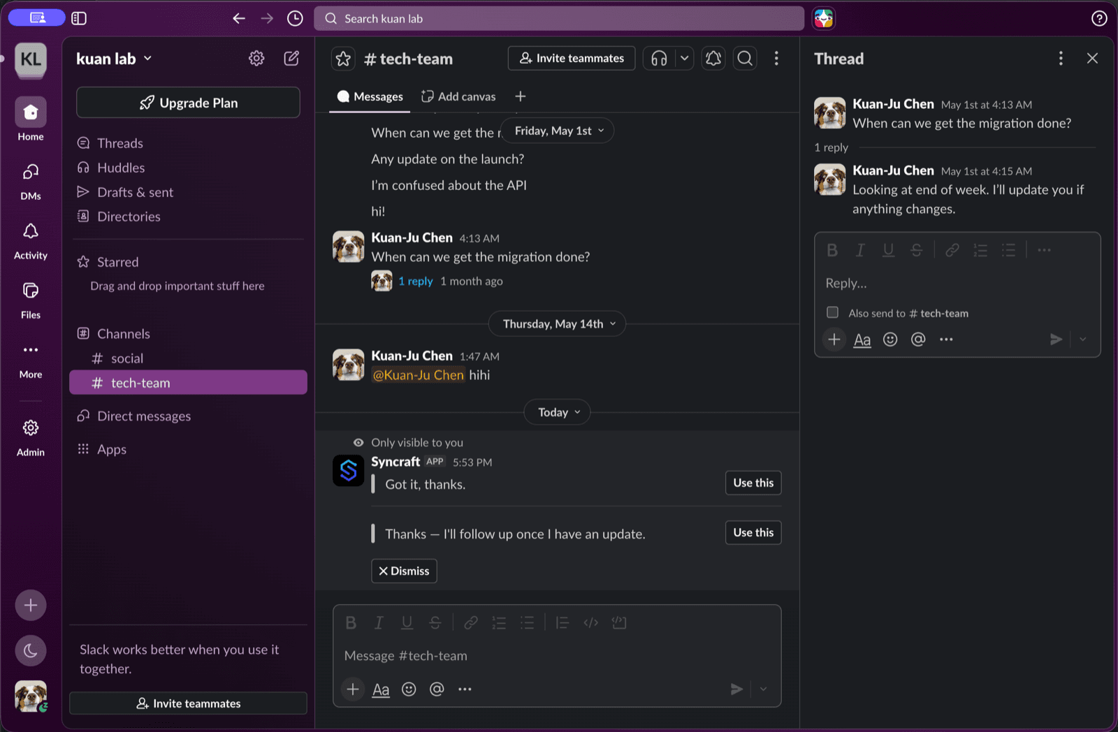 Syncraft running live in a Slack channel, offering a clearer reply with a Use this button