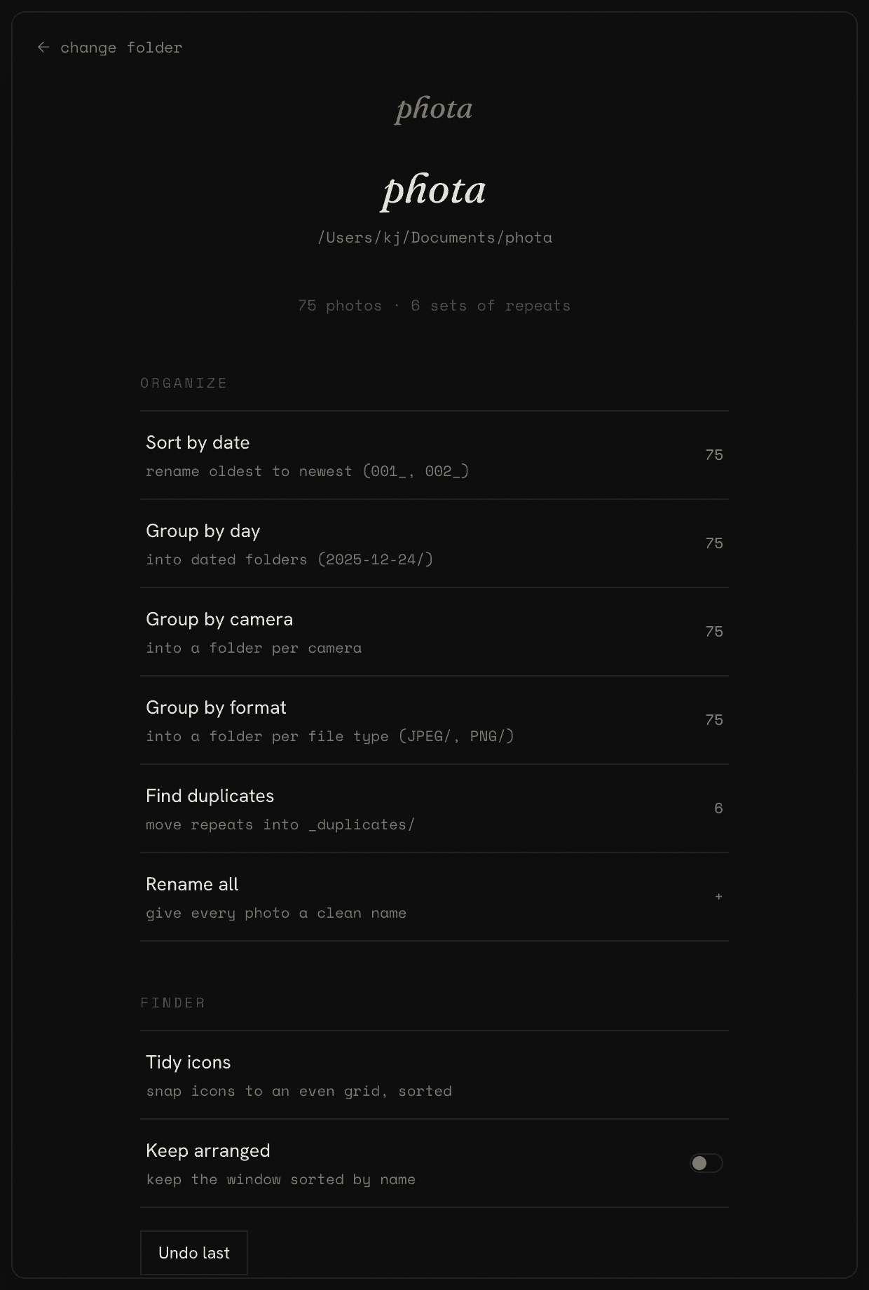 The phota control window on a folder of 75 photos, with rows for sorting by date, grouping by day, camera and format, finding duplicates, renaming, and tidying Finder icons